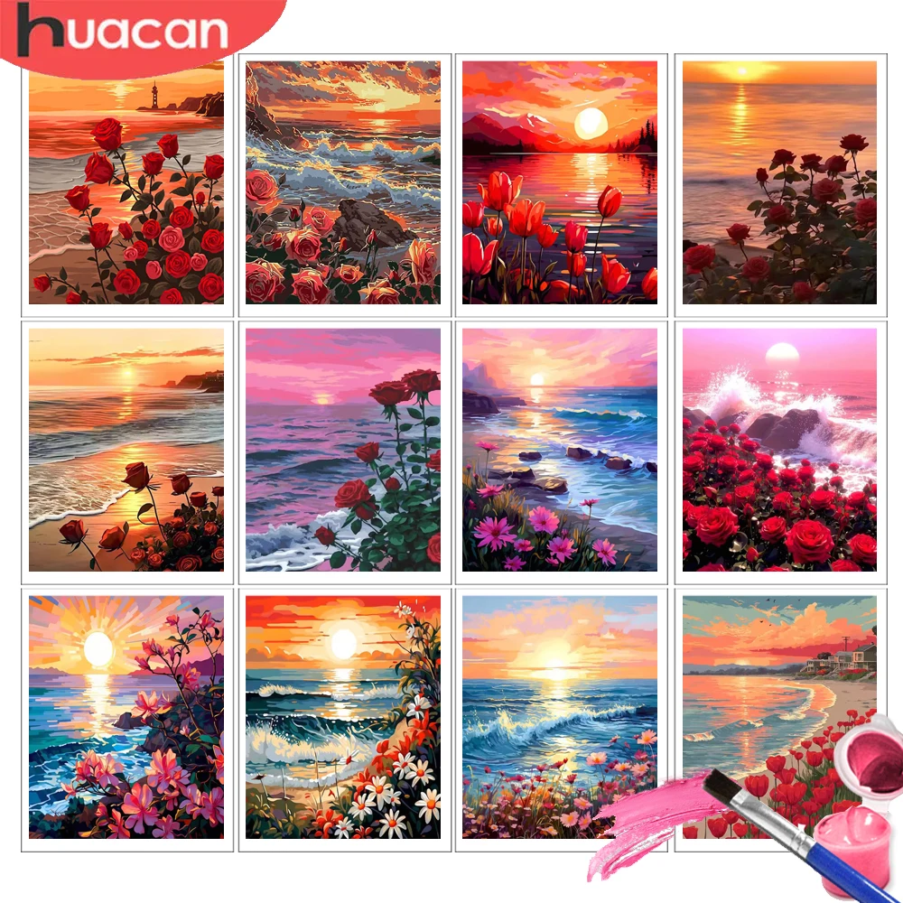 HUACAN Painting By Numbers Sunset Seaside Landscape Drawing On Canvas Rose Flower Beach Home Decor Floral Diy Gift Handmade