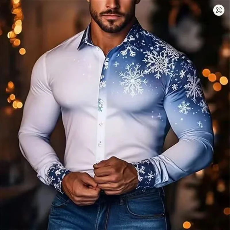 

2025 men's Christmas snowflake gradient shirt casual long sleeved retro outdoor casual holiday shirt novelty party family gift