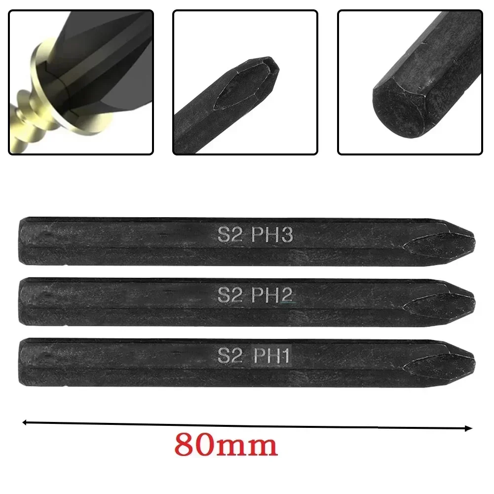 1pc 80mm Alloy Steel Hex Shank Impact Electric Cross Screwdriver Bits Hexagon Shank Screw Driver Bits PH1 PH2 PH3 Hand Tools