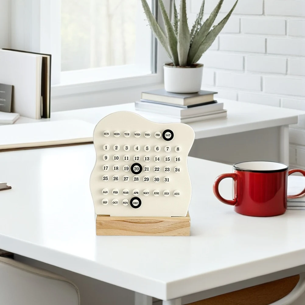 

Wooden Perpetual Desk Decor Creative Round Date Display For Home Office Handmade Rotating Ornament Wood Base Desktop