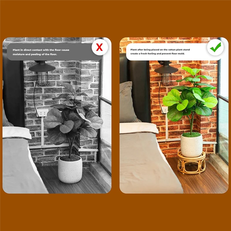 PORK-Boho 籐織りラウンド装飾ライザー プラントスタンド 屋内用 モダンプラントスタンド 籐ショートプラントスタンド 2パック
