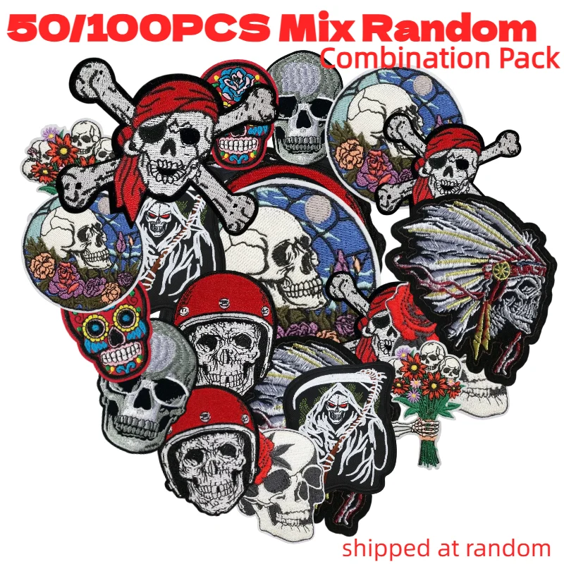 Dark Skull Embroidery Patches 50/100pcs Wholesale Random Mixed Punk Cross Iron On For Clothing DIY Decoration Pack