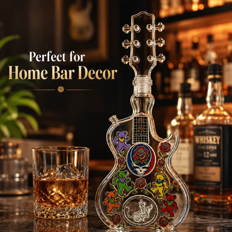 Grateful Dead Band Style Guitar Shaped Glass Decanter,  Whiskey Liquor Bottle, Rock Music Home Bar Decor Collectible Gift
