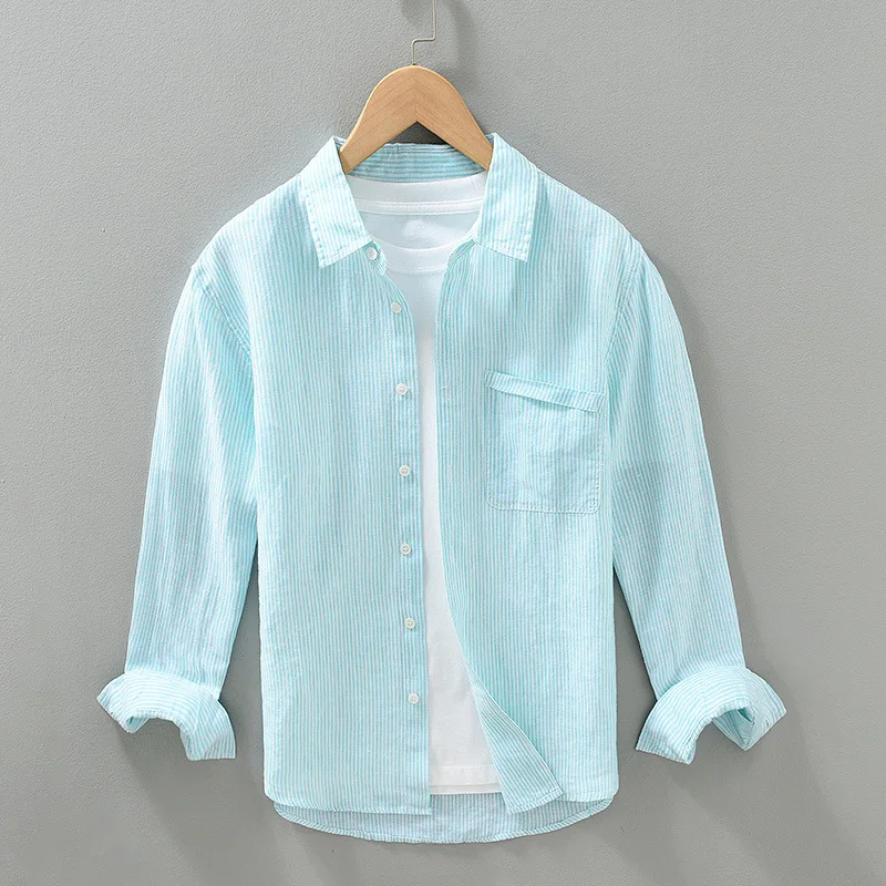 

2024 Men's Yarn-Dyed Linen Shirt Spring and Summer Youth Casual Long Sleeve Pinstripe Cotton Linen Shirt