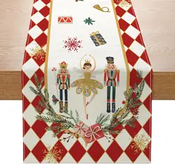Christmas Nutcrackers Red White Plaid Linen Table Runner Party Decor Winter Kitchen Dinning Table Runners Christmas Decorations
