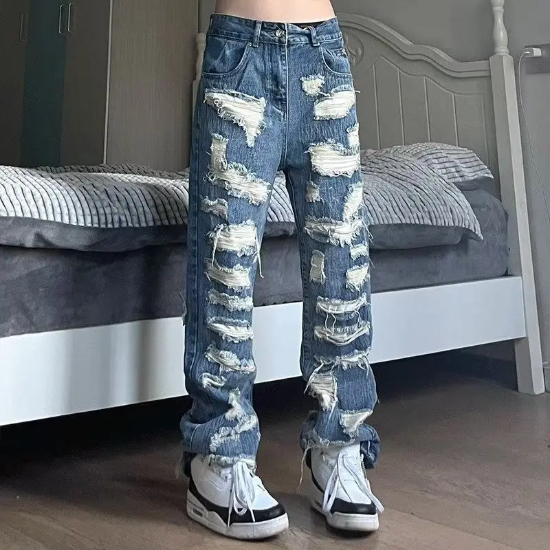 American Style Broken Hole Old Jeans Loose Hundred New Pants Men\'s Streetwear Baggy Jeans Y2k Jeans Ripped Jeans Men Pants