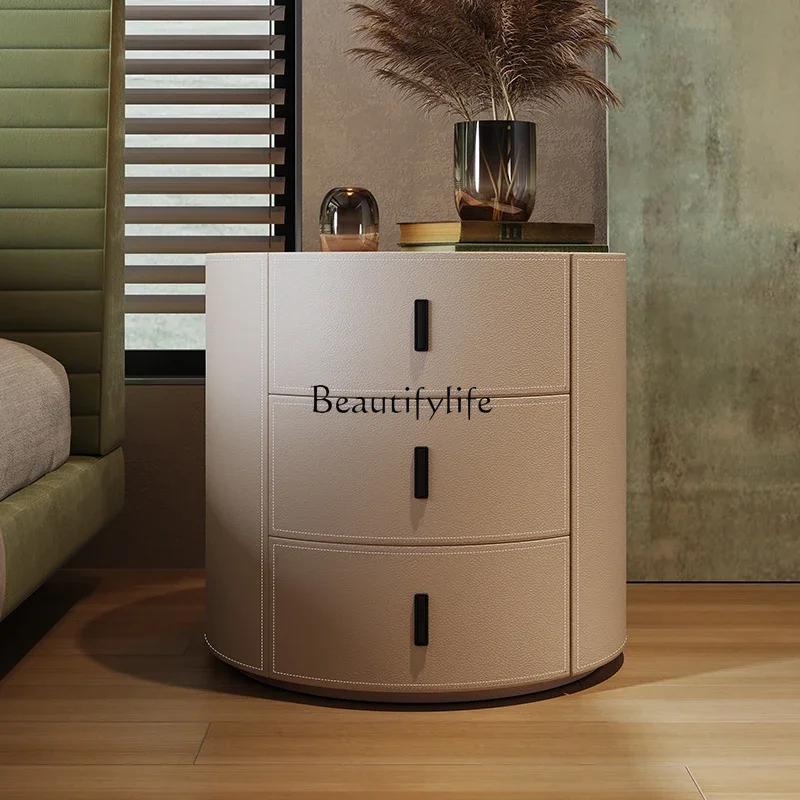 LJYItalian minimalist bedside table round three-layer drawer designer solid wood storage bedside table