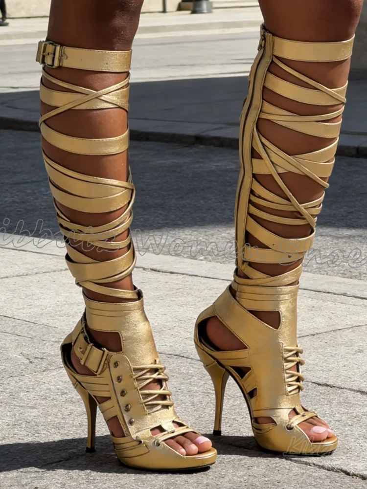 

Knee High Sandal Boots Belt Buckle Leather Solid Color Cross Strap Women Shoes Round Toe Thin Heels Fashion Luxury Elegant New