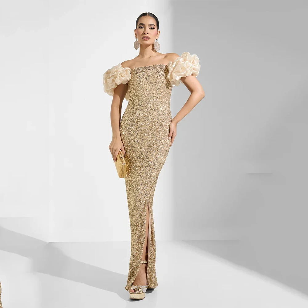 

Gliter Champagne Sequin Women's Evening Dress Mermaid Prom Dress Off The Shoulder Formal Party Gown Floor Length Saudi Dress