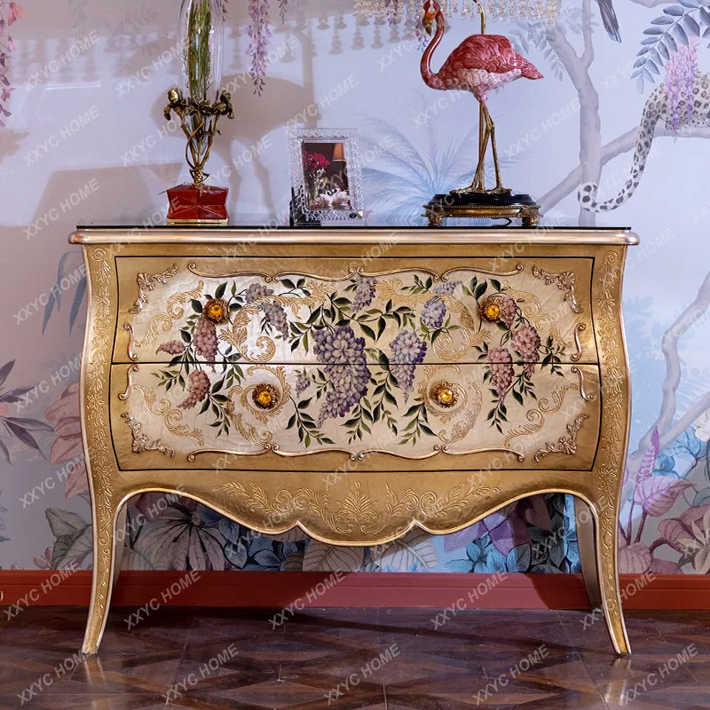 Luxury retro hand-painted, gold heavy industry solid wood villa foyer living room entrance cabinet