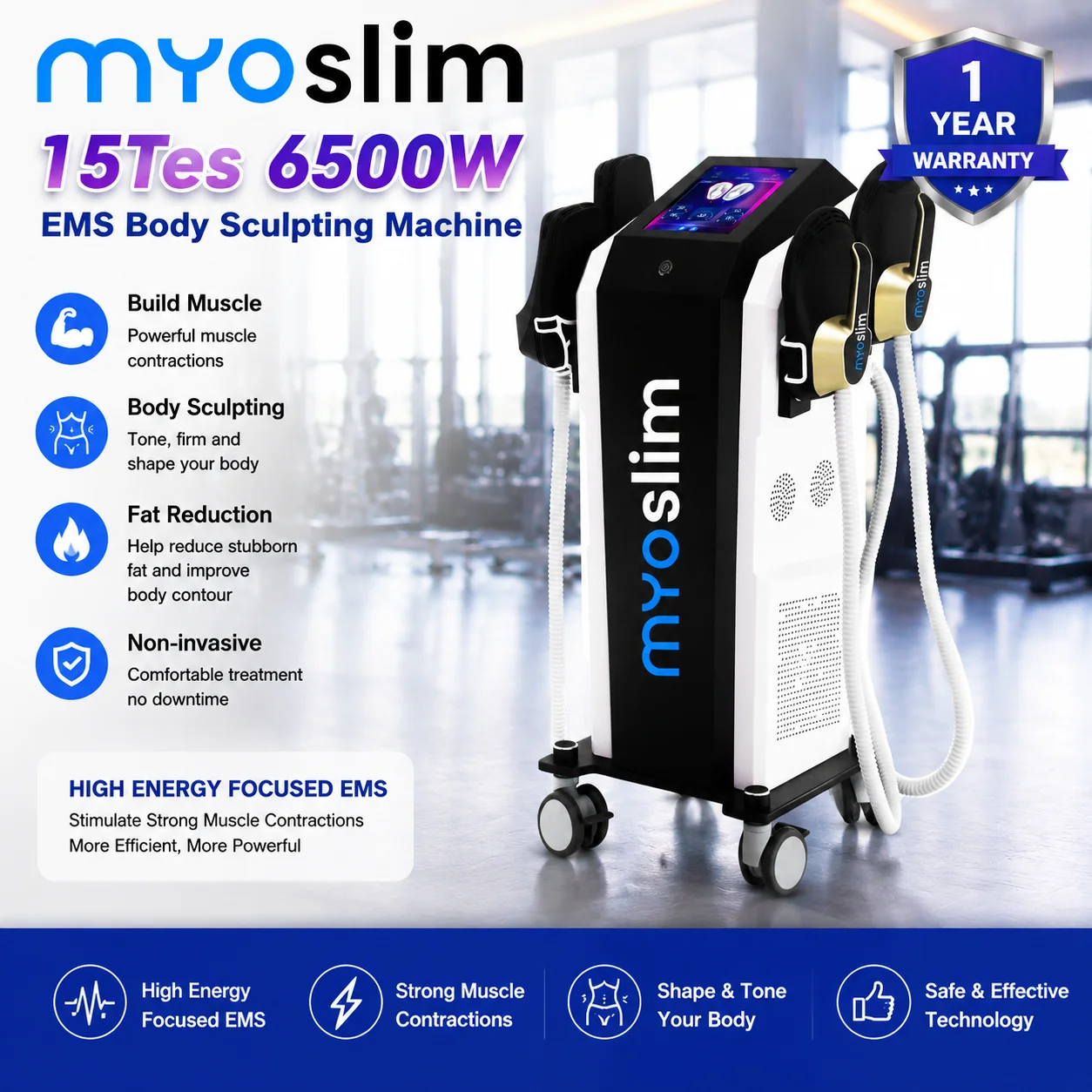 MYOslim EMS Muscle Stimulator HI-EMT Body Shaping Machine Muscle Toning Fat Burning 6500W for Professional Fitness Club Training