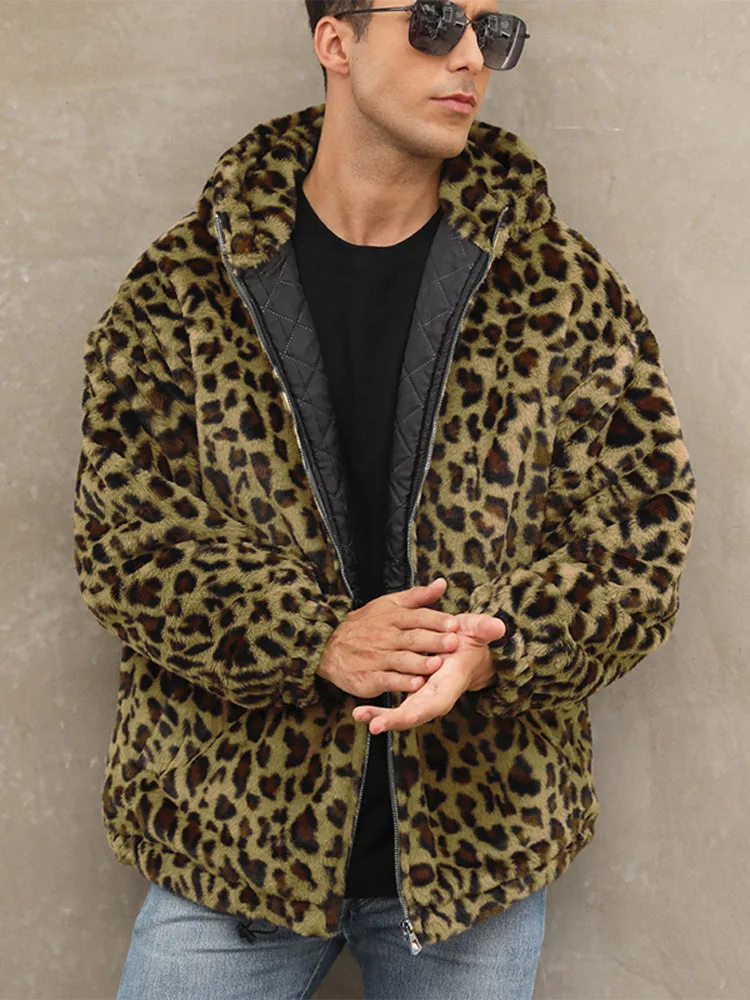 2024 Autumn Winter Faux Fur Leopard Coat Men's Warm Plush Zipper Long Sleeve Hooded Jacket Male Fashion Street Thickened Coat