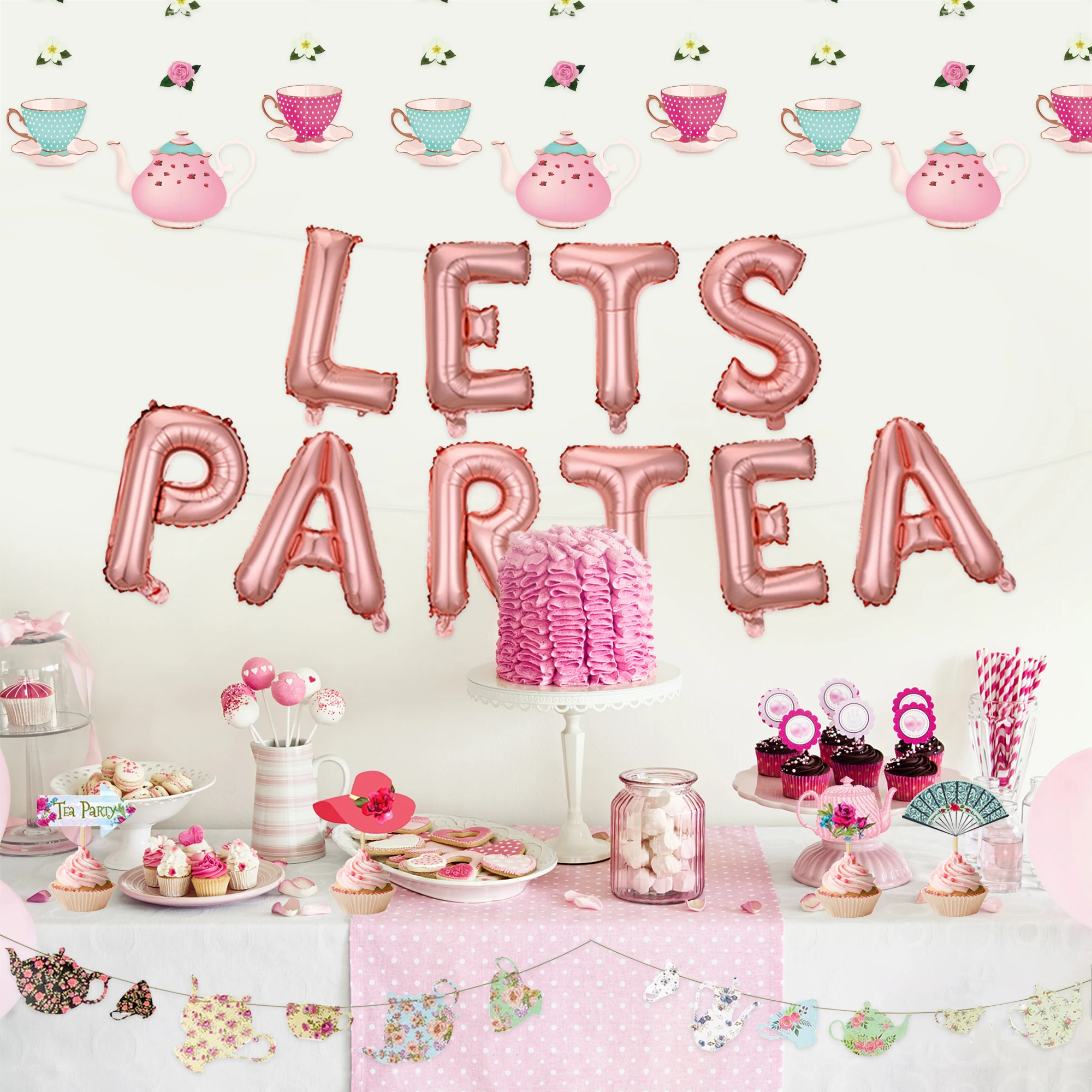 Let's Par Tea Balloon Banner, Tea Party Decorations with Roses, Teapot, Cup Ornament, Birthday, Bachelorette Party Supplies