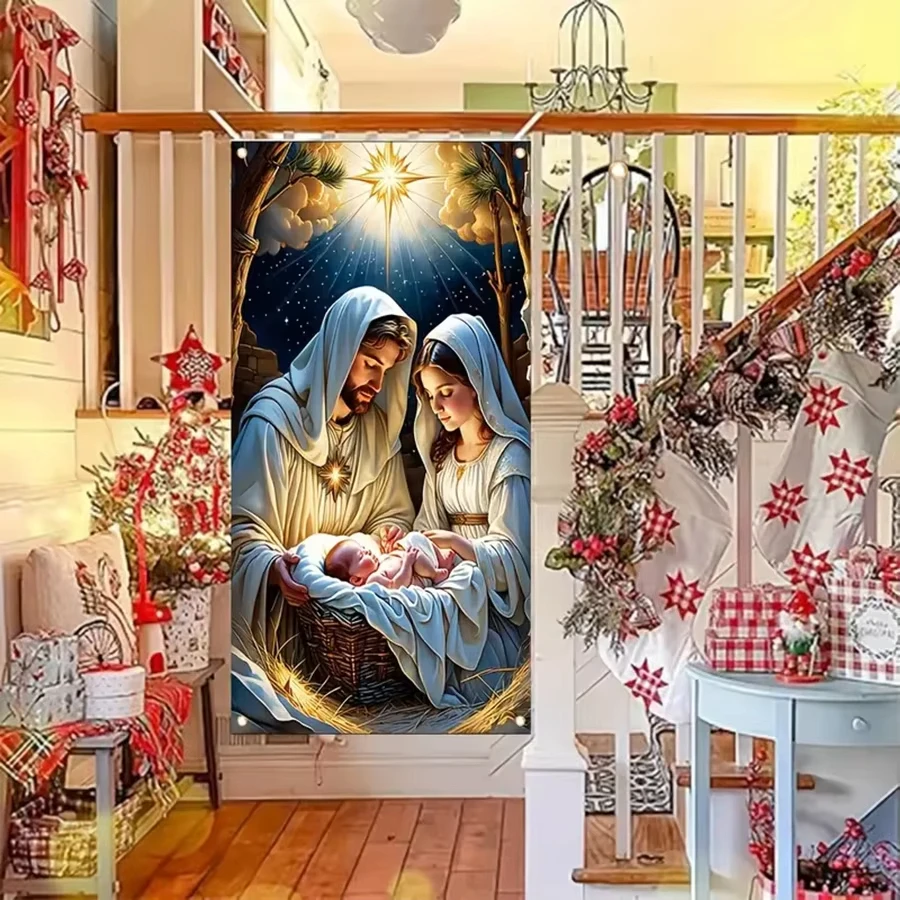 مشهد ميلاد يسوع خلفية عيد الميلاد السنة الجديدة النجوم الساطعة راية الأسرة المقدسة المنزل الدينية الجدار الديكور غطاء الباب #4