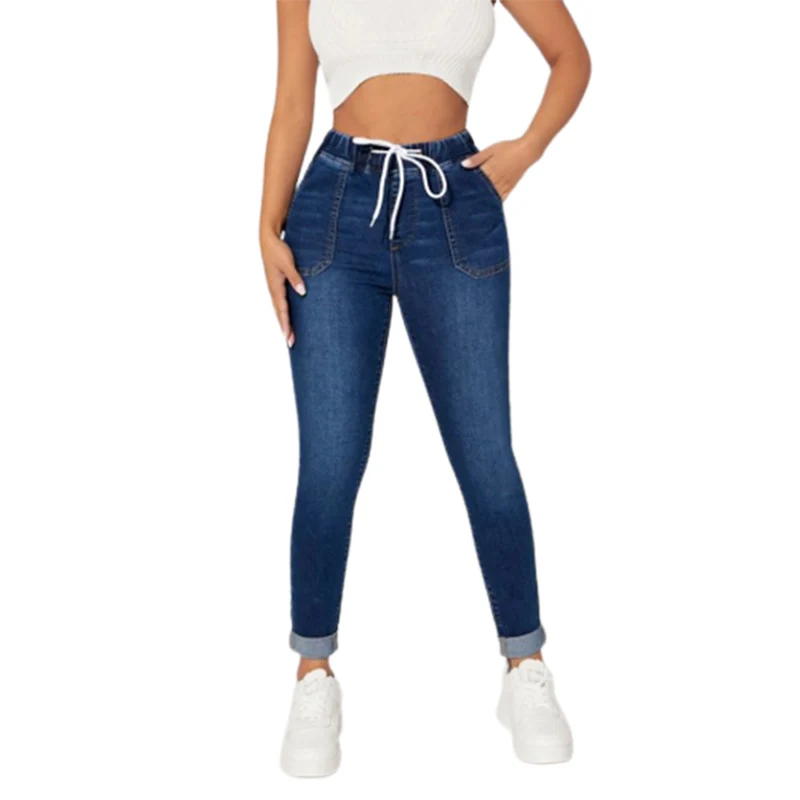 Calça jeans feminina de lápis com bolsos duplos, cintura elástica, com renda, calça de nove minutos, jeans feminina, moda