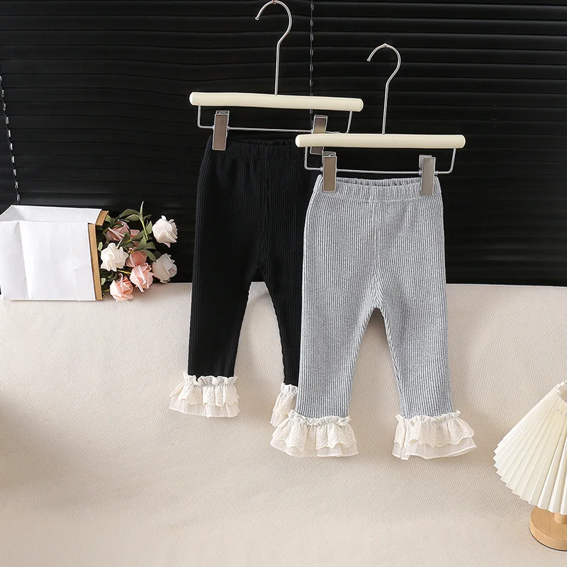 New Spring Kids Girls Solid Color Pants Lace Ruffle Cuffs Leggings for Children Fashion Clothes Cotton Girl Trousers