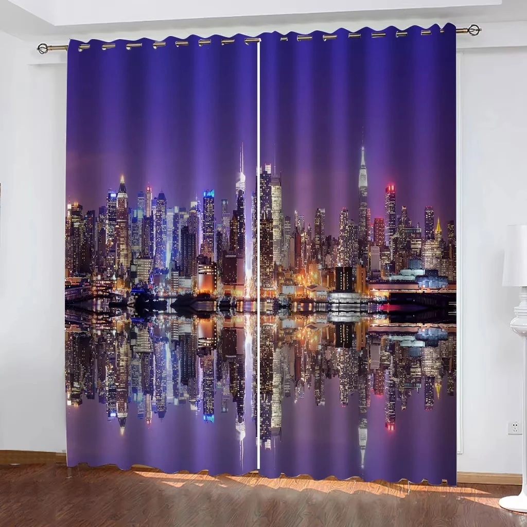 Cortinas Opacas con Diseño de Paisaje Urbano, Cortinas con Vista Nocturna de la Ciudad, Paisaje Urbano de Medianoche de Nueva York Manhattan, Cortinas para Ventanas de Oficina y Dormitorio