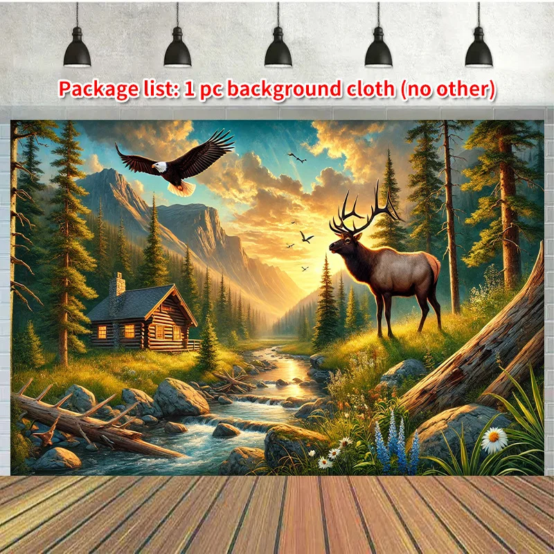 1pc Eagle Elk Cabin River Sunset Forest Landscape 2DFlat Tapestry Backdrop For Man Cave Decor Wilderness Nature Wall Hanging Art