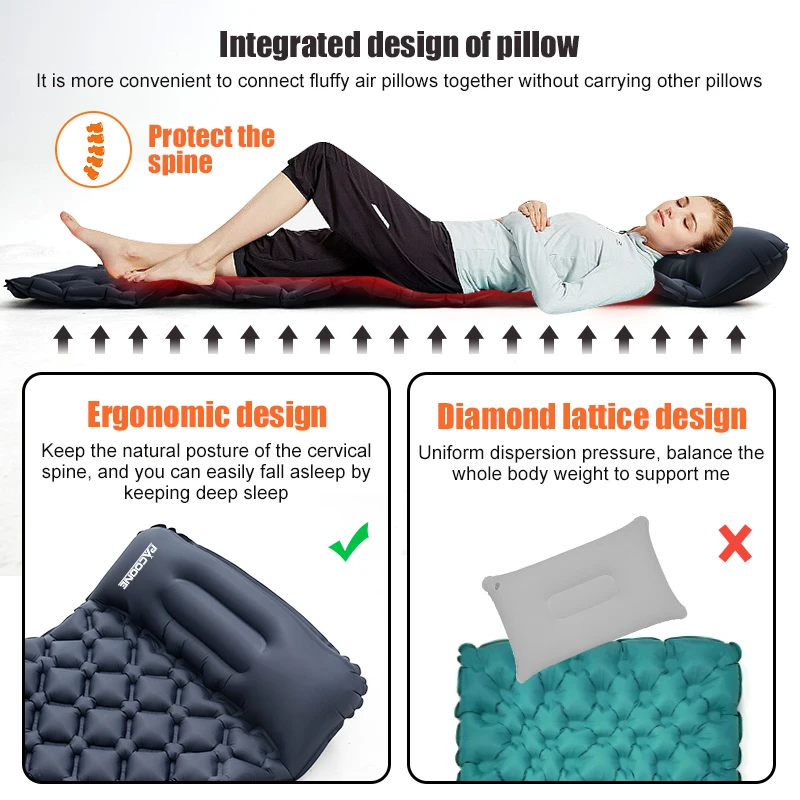 PACOONE Outdoor camping sleeping pad inflatable mattress with pillow foldable ultra-light air cushion waterproof travel hiking