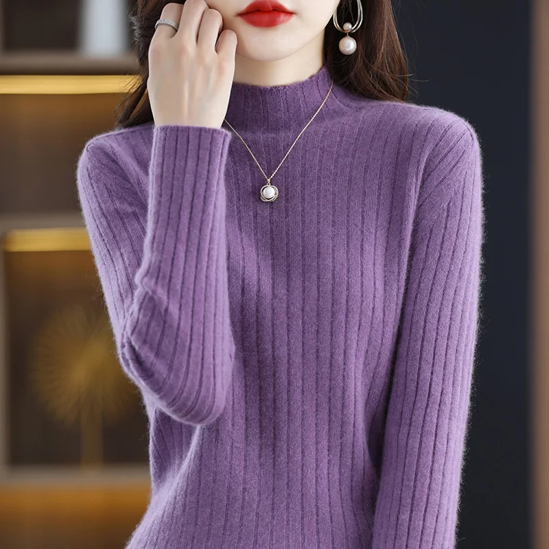 Autumn Winter Pullover Saddle Shoulder Mock Neck Slim Cashmere Wool Blend Women's Thick Thin Sweater Pullover