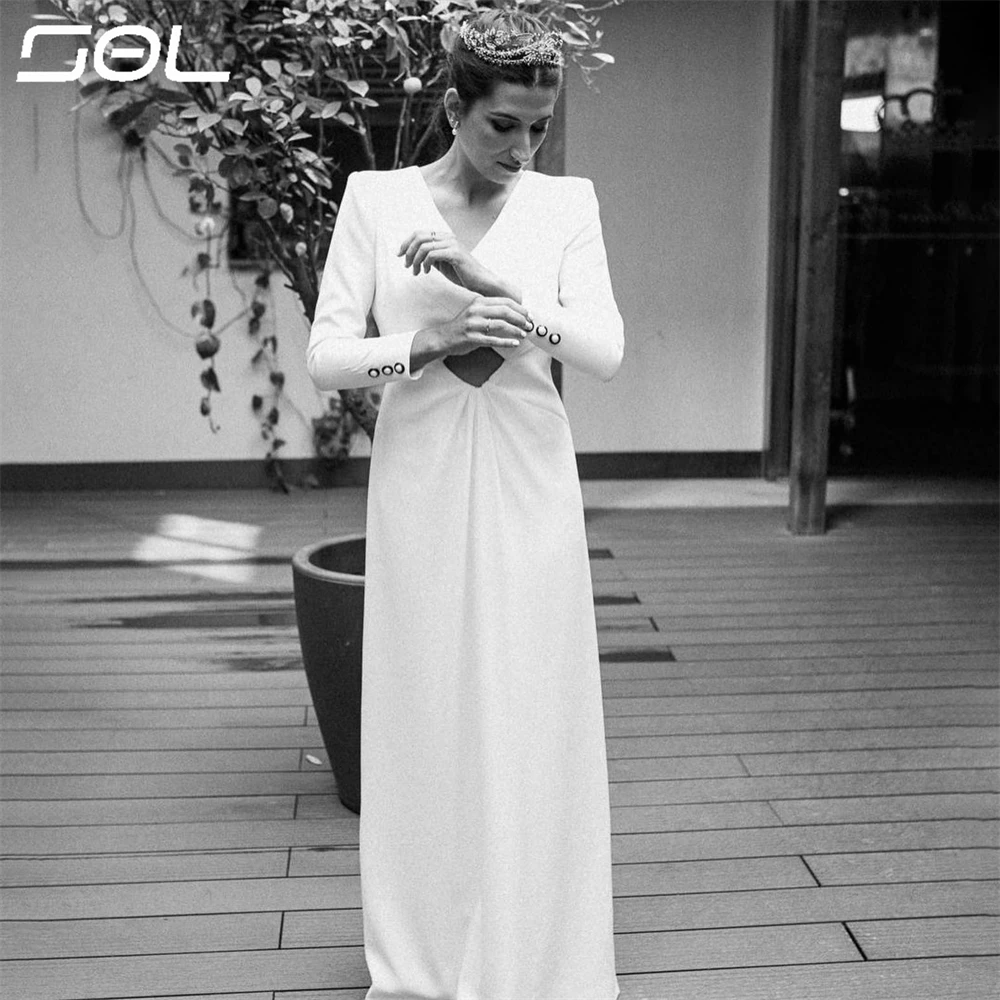 SOL-Robe de Mariée Élégante à Manches sulfet Col en V, Tenue avec Traîne Amovible, Simple, Dos aux, Patients Sirène, Quelle que soit la Tenue Éducative