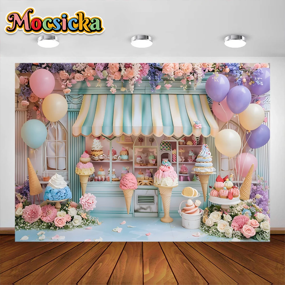 Mocsicka Ice Cream Photography Background Candy Store Party Decoration Supplies Cake Smash Kids Birthday Backdrops Studio Props