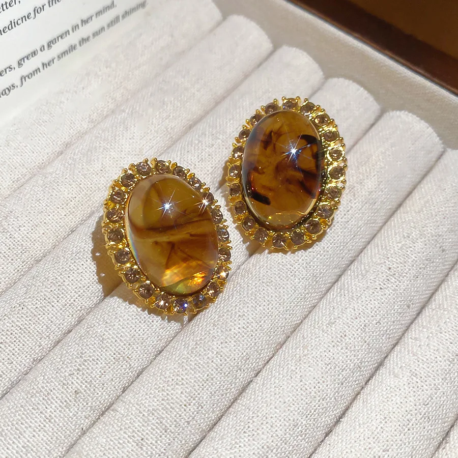 Resin Smudging Stud Earrings Retro Geometric Oval Rhinestones Earrings Fashionable Temperament Acrylic Accessories Woman Party K
