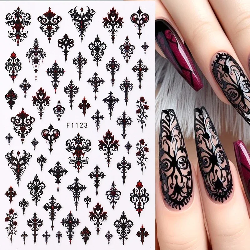 Adesivo nero gotico per unghie Disegni eleganti con lacci per matrimonio Spettrale Halloween Pipistrello Teschio Foil adesive Cursori Nail Art Decor