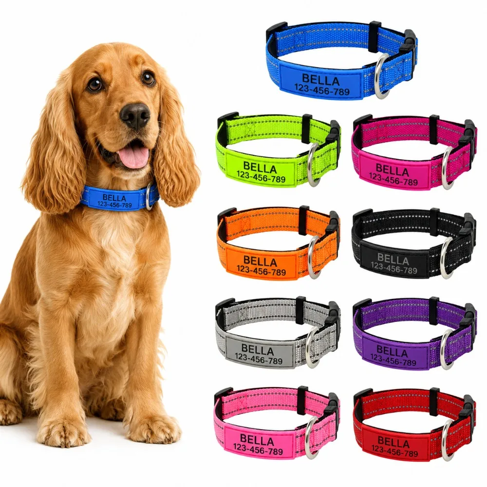 Personalized Reflective Dog Collar with Custom Name ID Tag, Nylon Adjustable Safety Collar for Small Medium Large Dogs, 9 Colors