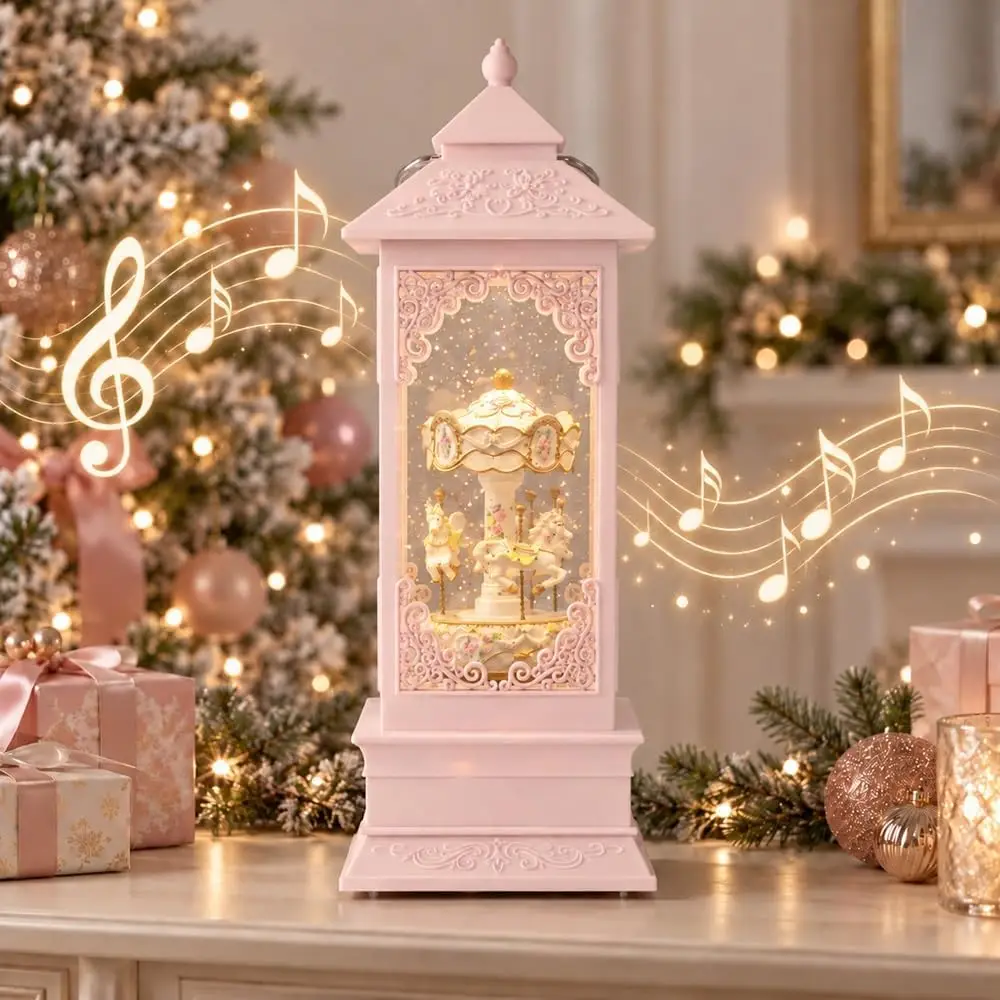 Carousel Horse Music Box with Light, 360° Dual-Rotation Design, Pink Christmas Birthday Gift Present for Women, Kids, Mom, and Daughter