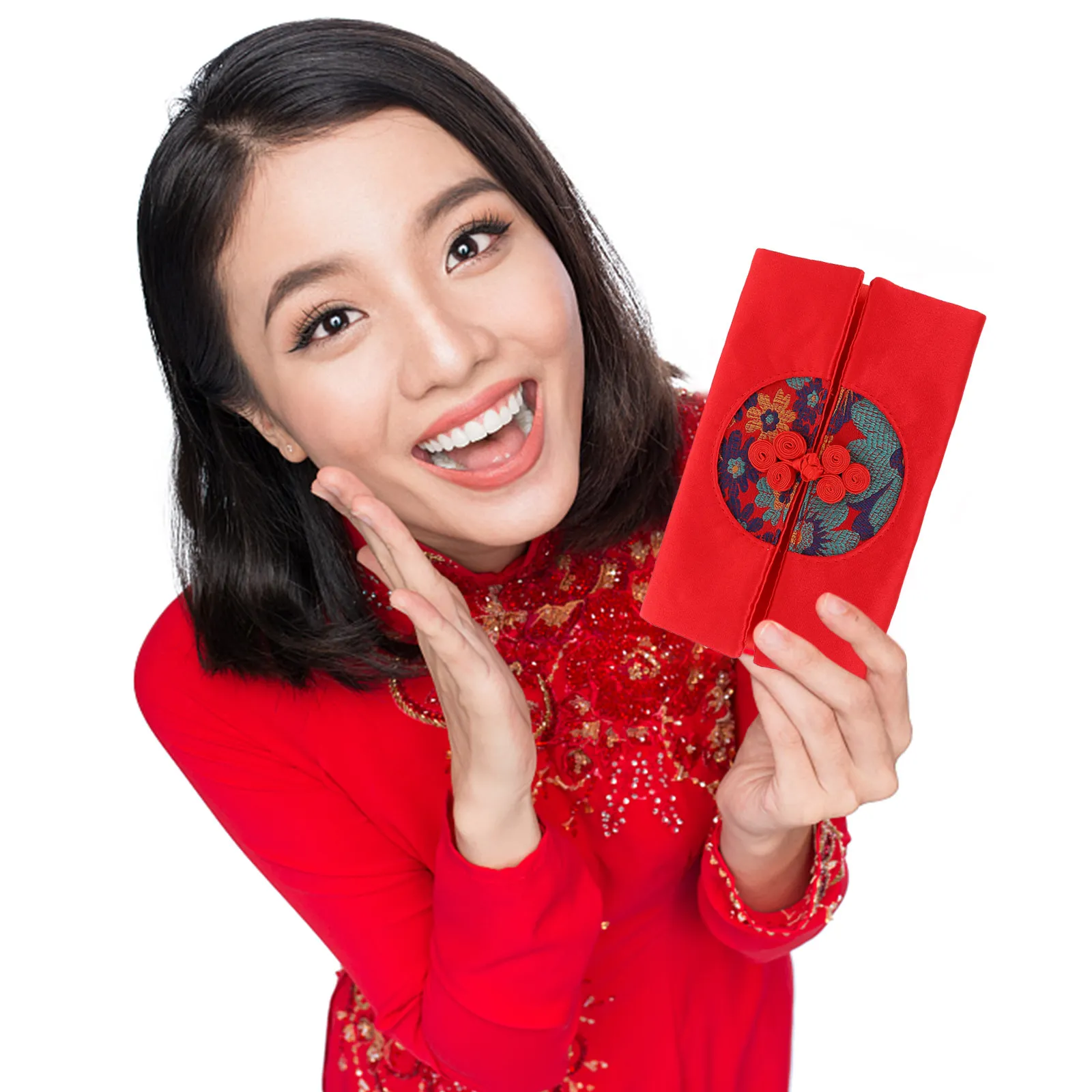 

1Pcs Decorative Red Envelope Silk Cloth Embroidered Lunar New Year Design Buckle Opening Money Packet Chinese Festival Red