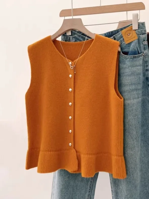 Elegant Pumpkin Orange Knitted Vest Jacket Women's Style Bottom Lace Trim Layering Vest Autumn New plus Size Commute Style