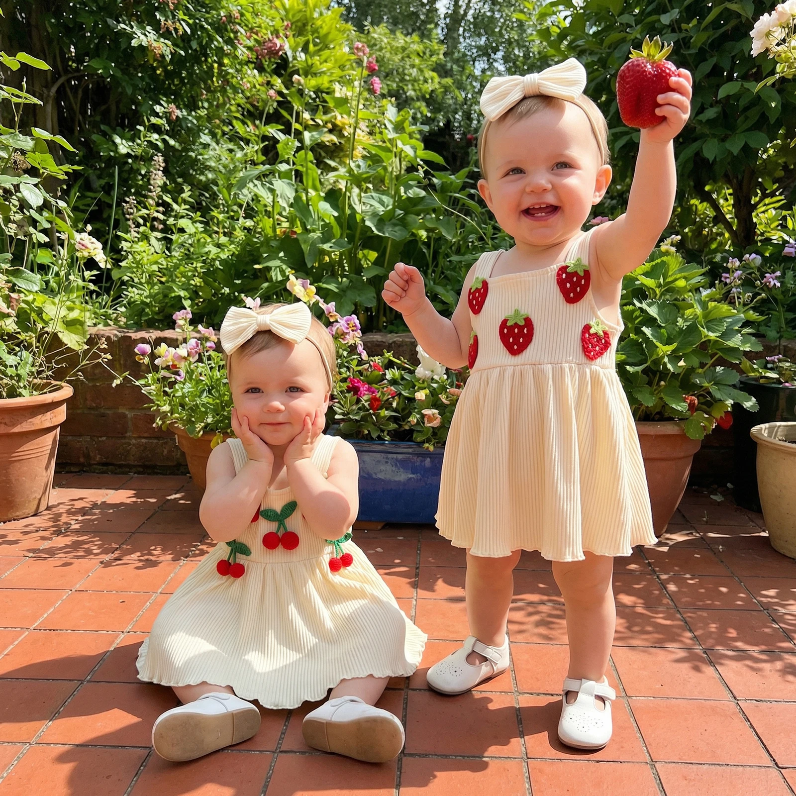 Baby Girls Rompers Strawberry/Cherry Decor Sleeveless Skirt Hem Infant Bodysuits Jumpsuits with Headband