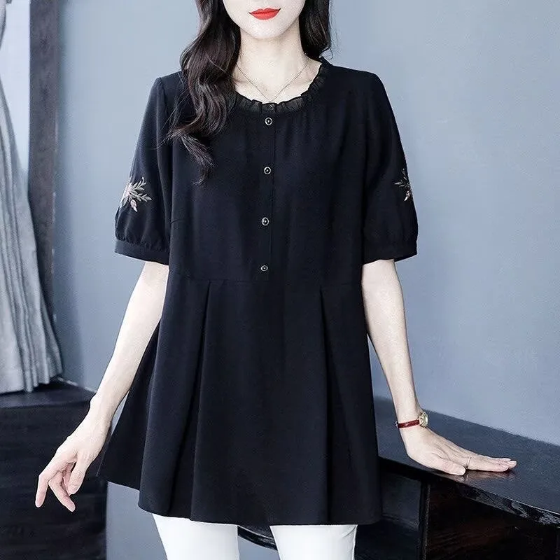 Fashion Loose Long T-shirt Women's Half Sleeves Spring and Summer Loose Cover Loose Women's Black Embroidered Top Women Shirt