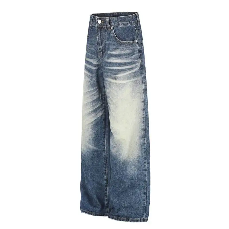 Waist Straight High Jeans For Men Women Vintage Washed Gradient Whisker Loose Floor Length Street Casual Denim Pants WV16