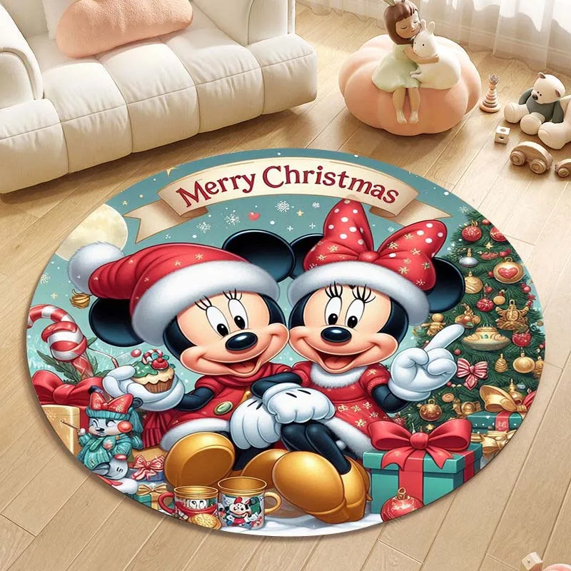 Disney Mickey Minnie Merry Chrismas Printed Round Rug, Bedroom, Living Room, Doormat, Sofa Table Home Decor, Area Rug, Floor Mat