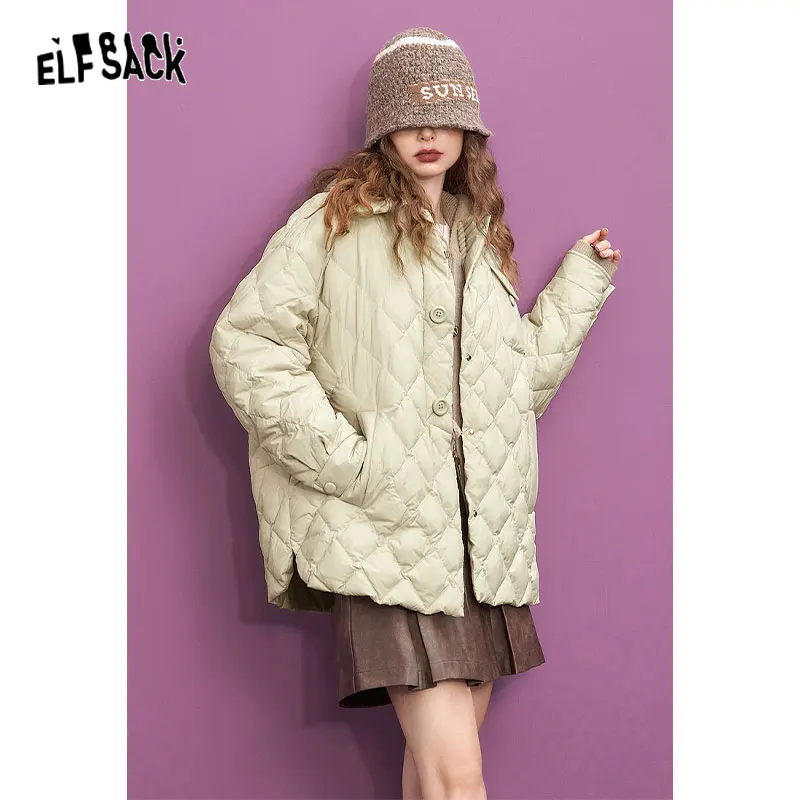 ELFSACK Light Down Coats Women 2023 Winter New Diamond Check Designed Jackets