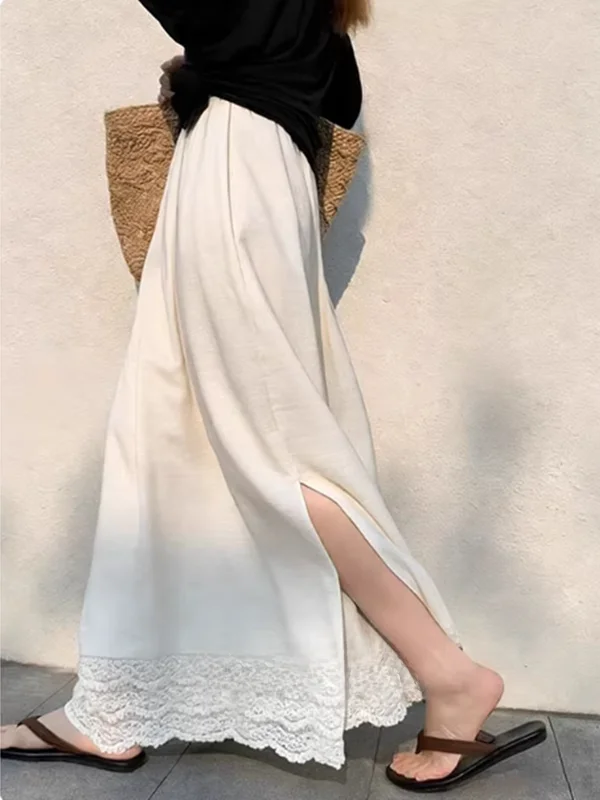 

Elegant High Waist A-Line Skirt White Lace Splicing Split Half-length Women's Summer Fashion Commute Standard Fit Breathable