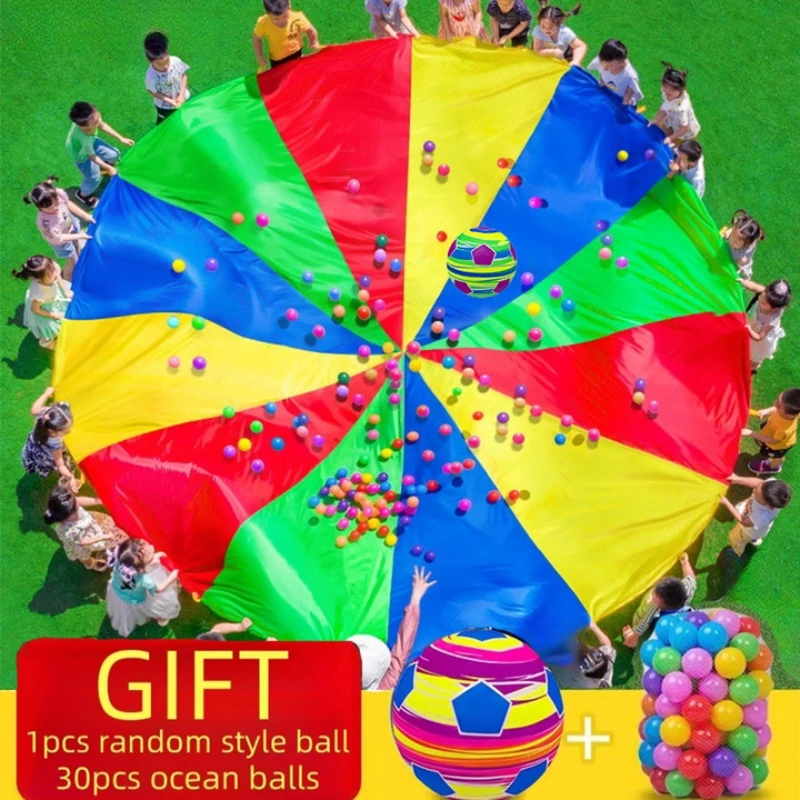 

2M-4M Diameter Kids Outdoor Teamwork Game Prop Rainbow Parachute Toys Jump Bag Bounce Play Mat School Activity Puzzle Game