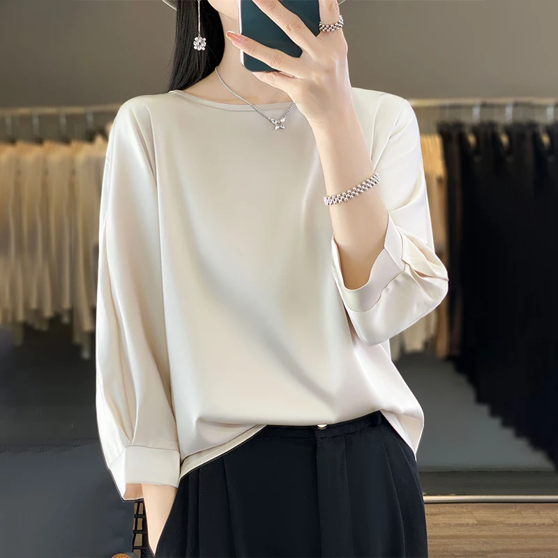 New Acetic Satin Nine-Sleeve T-shirt in Summer Women's Round Neck Loose Large Size Wide Sleeves Outside