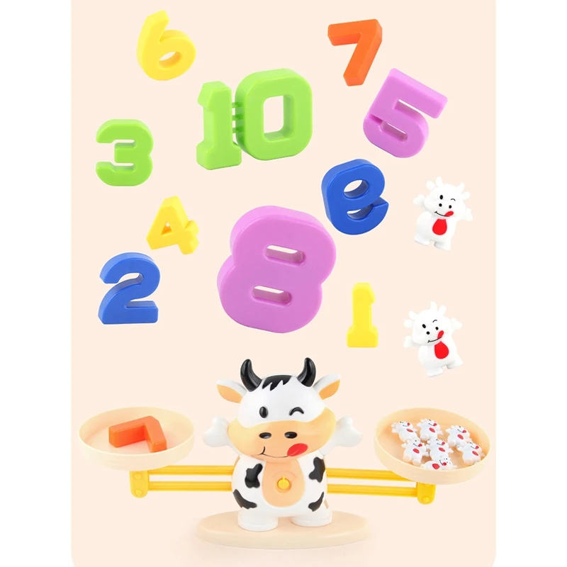 Juguete de partido de matemáticas, Escala de equilibrio de vaca, juguetes de equilibrio de números preescolares, juego de mesa de aprendizaje educativo para bebés, regalo