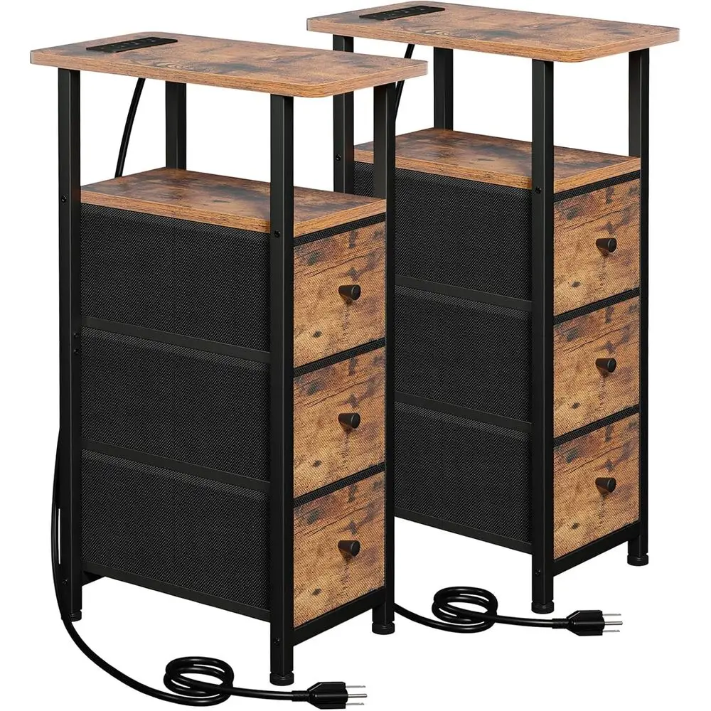 

Narrow End Tables Living Room Set o 2 with Charging Station, Skinny Side Table with abric Ders, Slim Nightstand or Bedroom, Smal