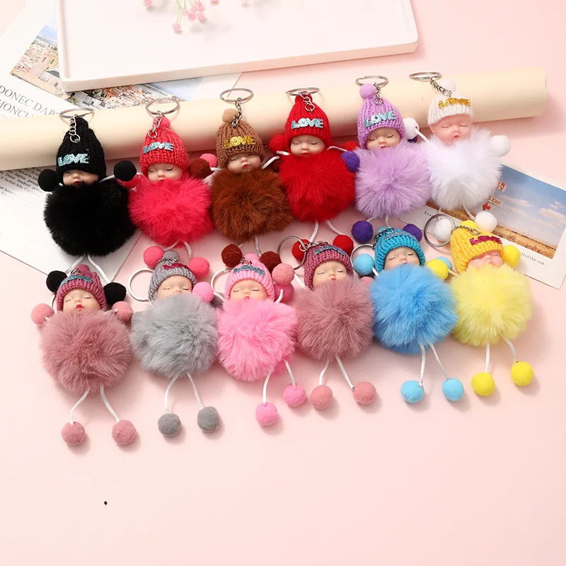 Cartoon Cute Sleep Baby Plush Doll Keychain Funny Plush Ball Shape Pendant Girl Bag Decoration Car Key Chain Children Toys Gift