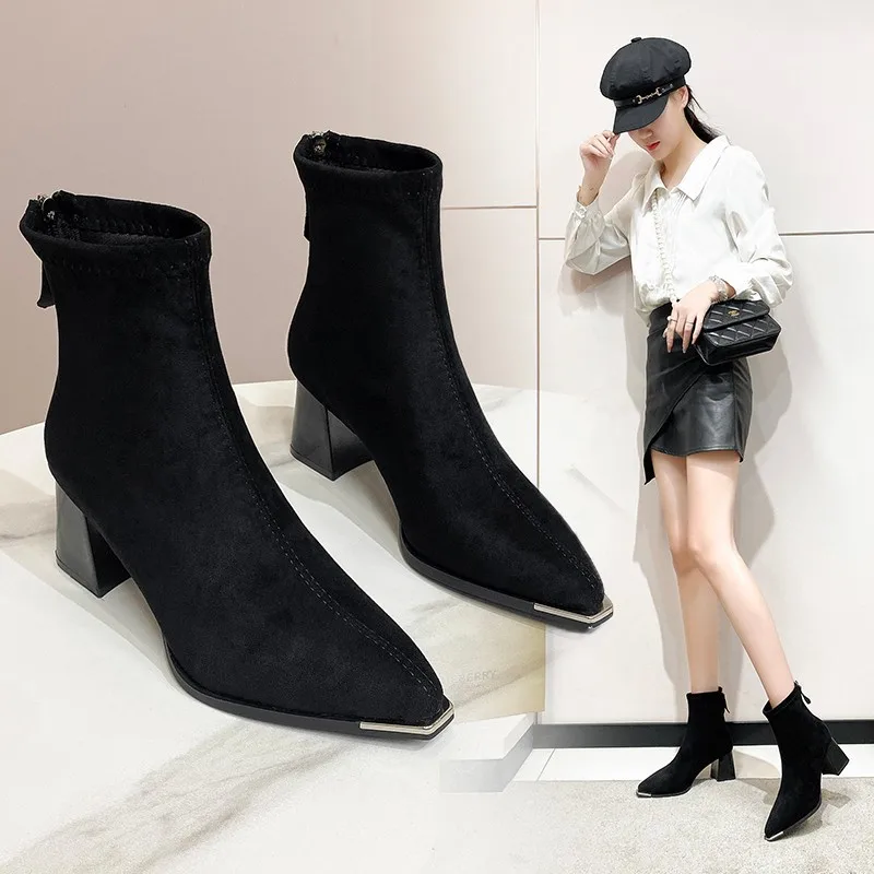 

Suede Short Boots Slim Boots French Style Ankle Boots2025Winter and Autumn New Thick Heel Western Boots Elastic Boots