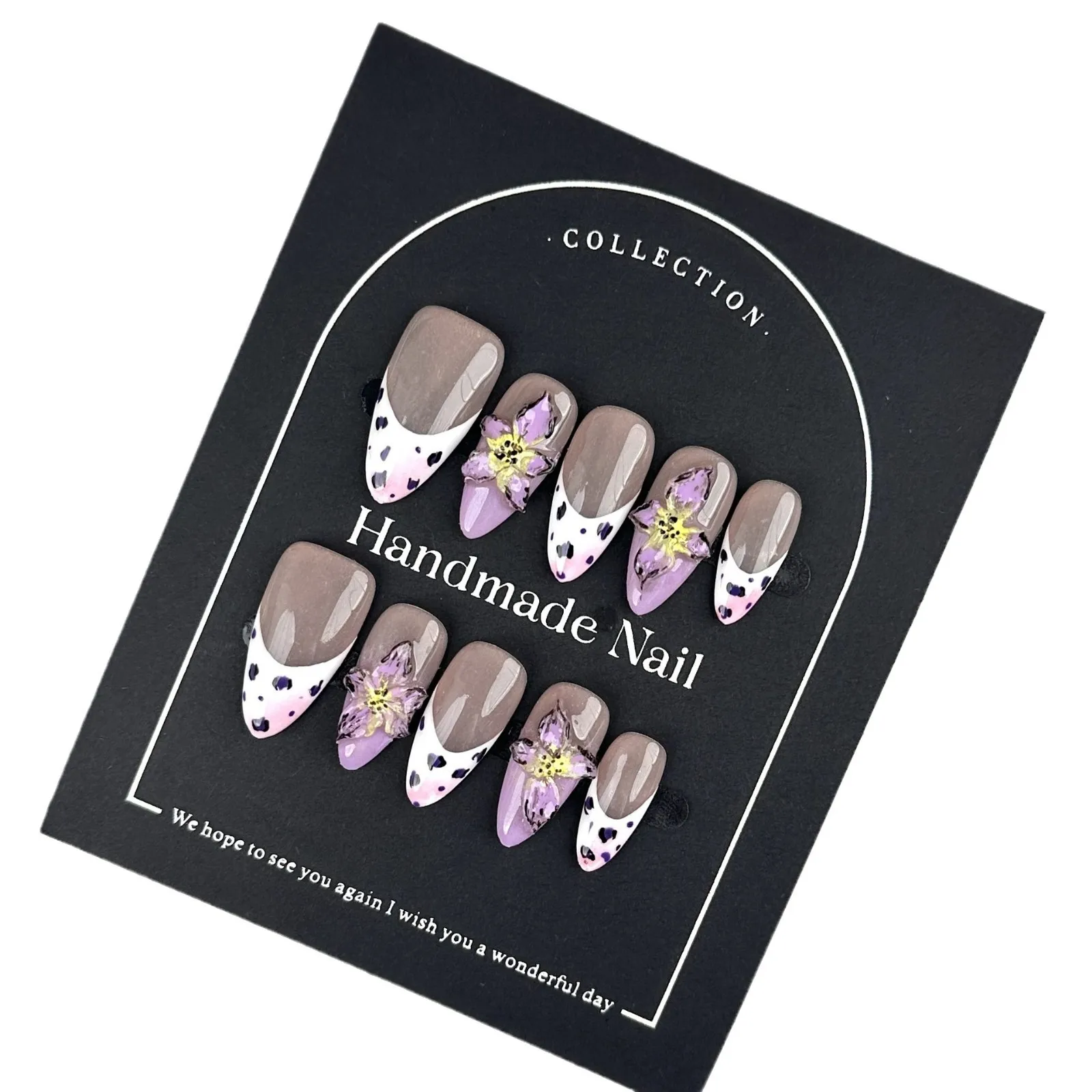 

10Pcs French Leopard Purple 3D Flower Star Pattern Fake Nails Handmade Press on Nails False Nails Tips For Woman