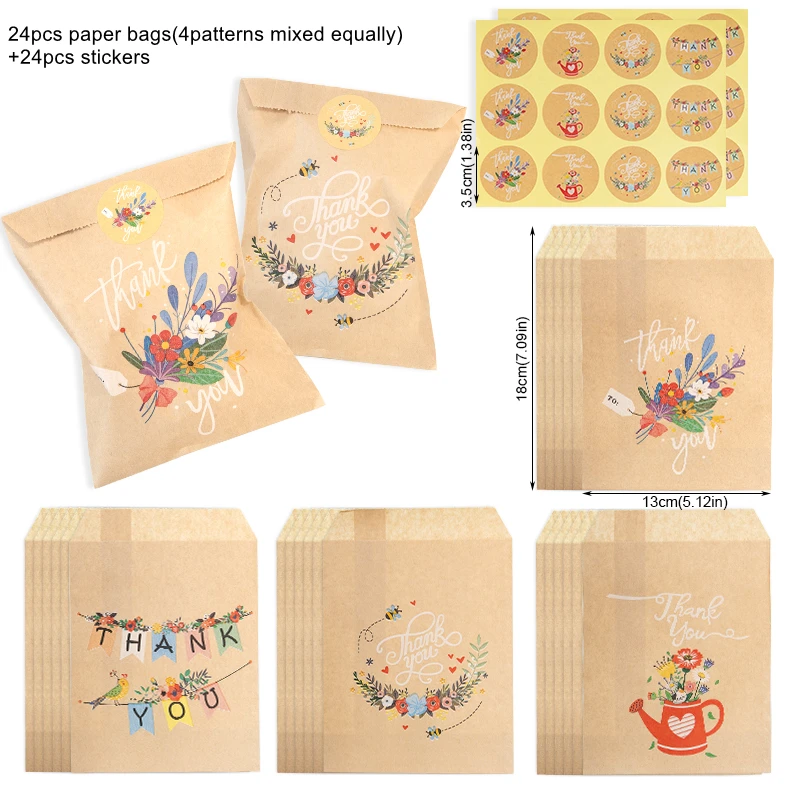 24 Sets Danke Kraftpapiertüten Niedlicher Regenbogen Dino Alles Gute zum Geburtstag Geschenkbeutel Retro Blumen Partybevorzugung Tasche Süßigkeiten Keks Zubehör – Detail 3