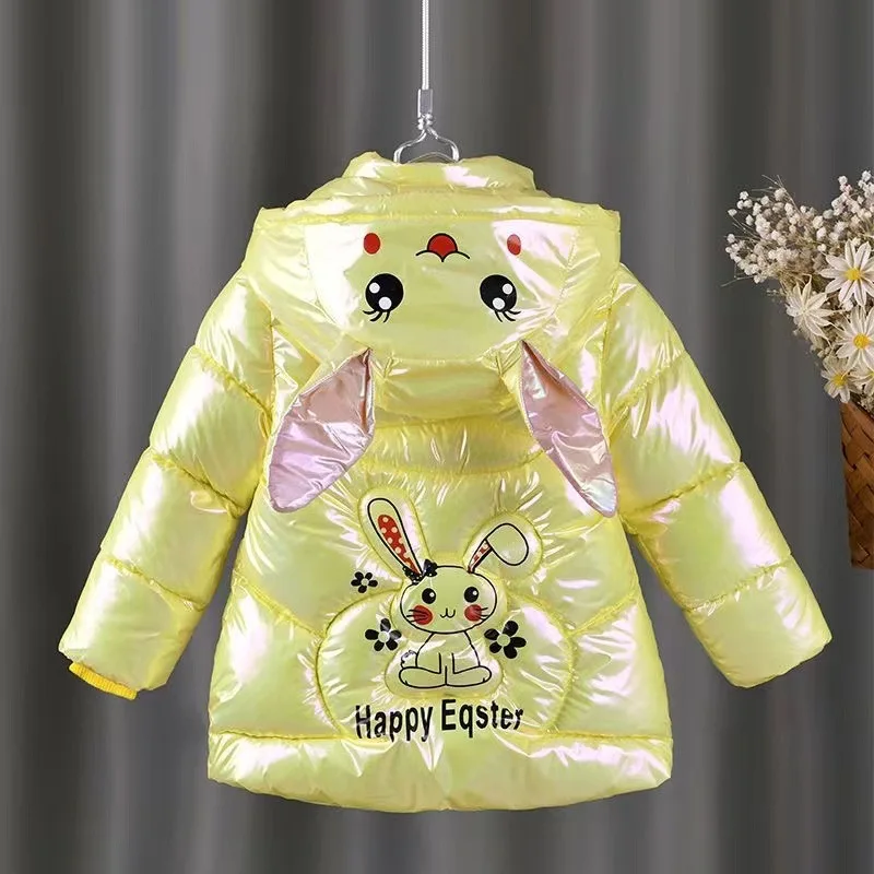 2025 Winter Jacket For Girls Coat Cute Rabbit Ears Waterproof Shiny Hooded Children Outerwear 1-6 Year Baby Kids Parkas Snowsuit