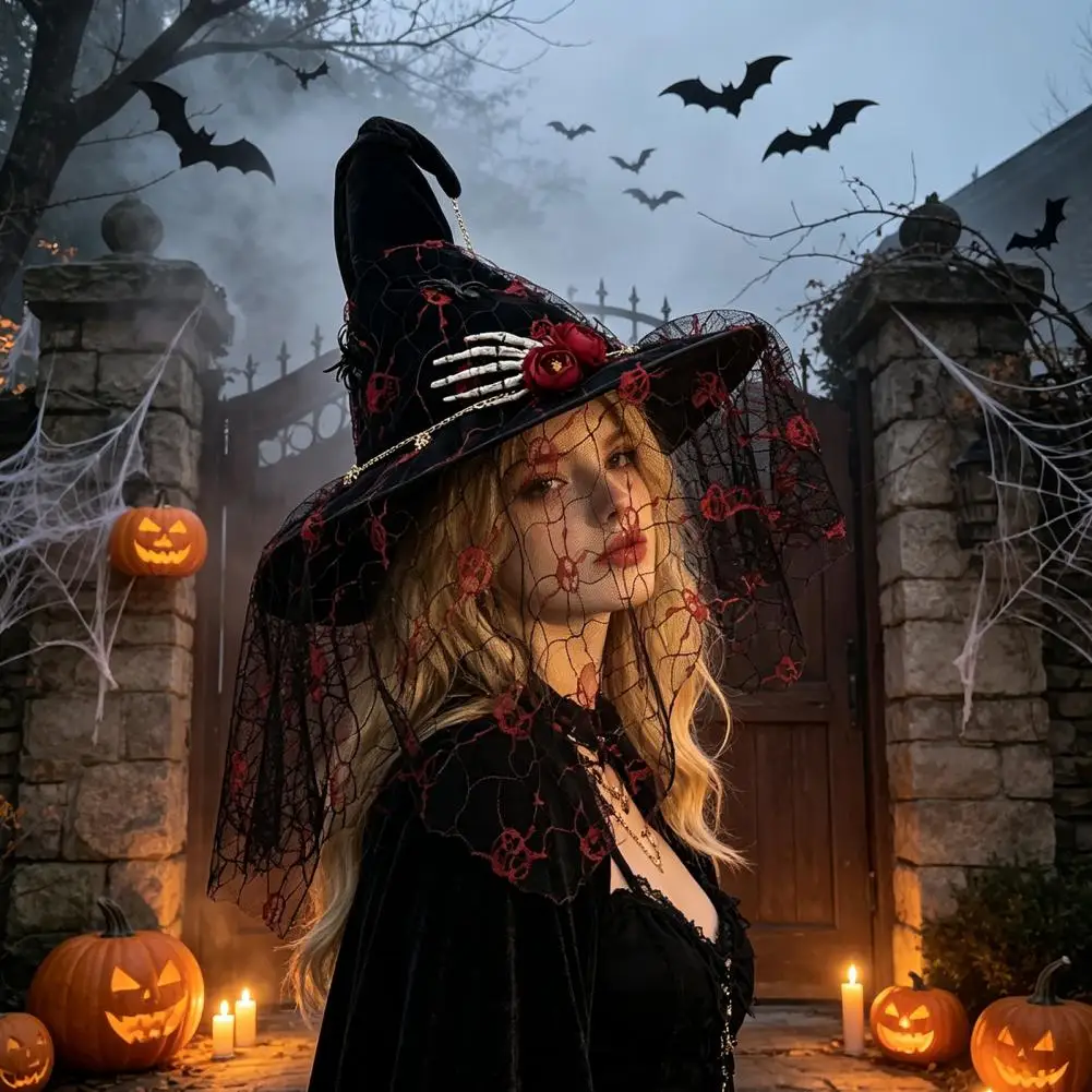 Decorative Seasonal Accessories Punk Skeleton Hand Witch Hat with Spider Mesh Veil Black Costume Accessory for Halloween