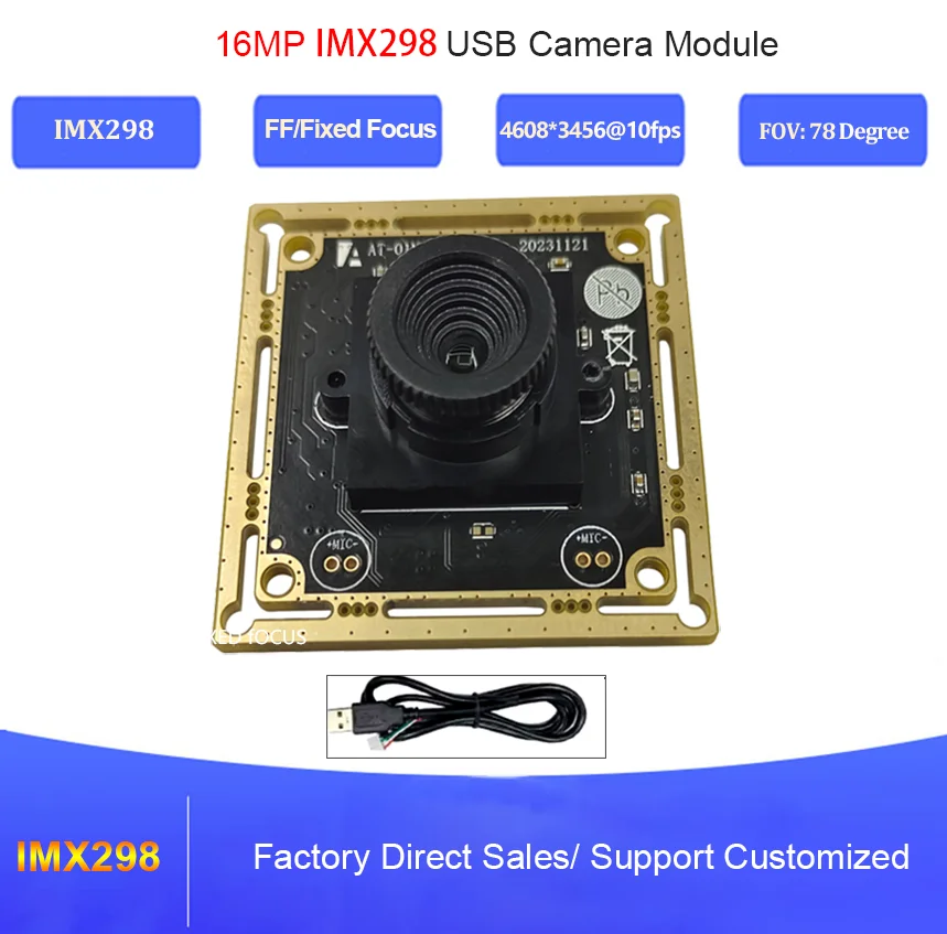 

16MP IMX298 sensor USB Camera Module USB2.0 Free Drive 10fps High Speed FF Fixed Focus MJPEG, YUY2 4608*3456 UVC OTG Webcam
