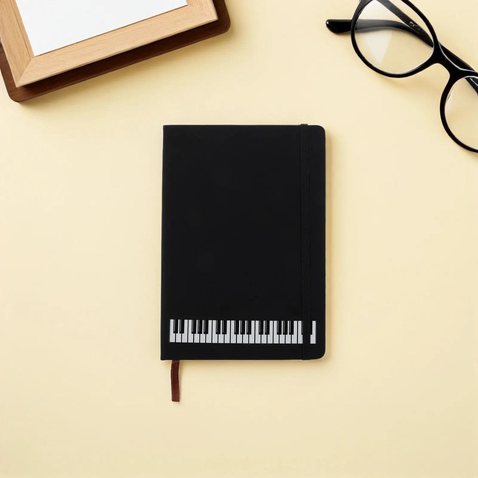 Piano Themed Notebook A5 Pocket Sized Black PU Cover Mini Hardcover Business Journal with Staff Paper Meeting Travel Music Sheet